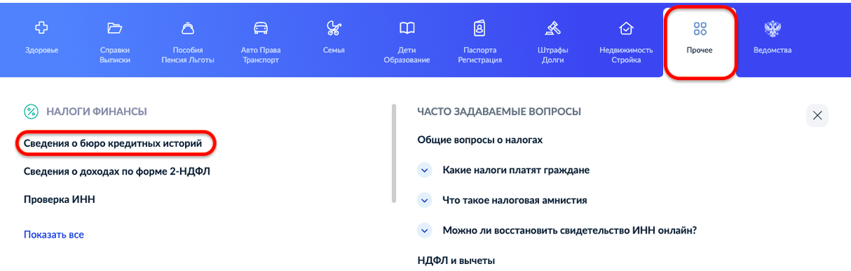 На сайте Госуслуг я зашла в раздел «Прочее» и там выбрала «Сведение о бюро кредитных историй»