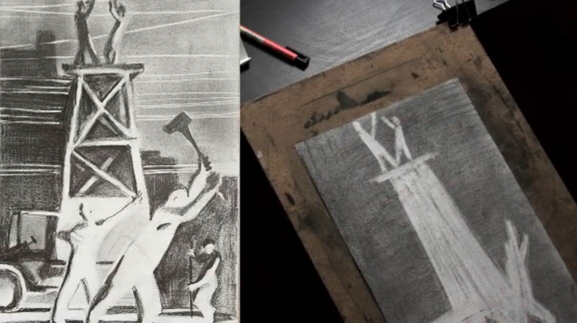 Копируем работу А.Дейнеки рисуя резинкой  — "вынимая белое" из затонированного листа (урок М.Хаэт)