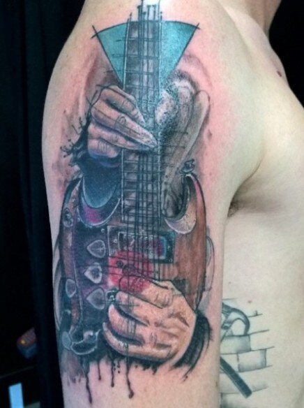 Тату гитара - эскизы и значение, фото идеи татуировки на руке, плече
