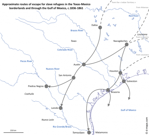 Карта примерных маршрутов бегства негров-рабов в Мексику
