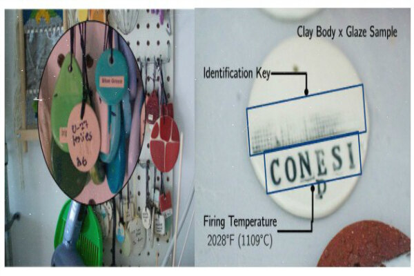 (Слева) Стена гончарной мастерской содержит десятки ключей, каждая из которых записывает результаты обжига уникальной комбинации глиняного тела и глазури. Горшечник экстернализирует свою ментальную модель процесса обжига на окружающую среду, хватаясь за набор ключей при принятии решения о том, как придать глазурь своей последней работе и направлять ее творческий процесс. (Справа) Каждая из кнопок отображает температуру обжига и типографскую печать, используемую для маркировки и идентификации готовых изделий.