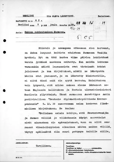 Рапорт посла Аарне Вуоримаа из Берлина 7 декабря 1939. Фото: Ulkoministeriön arkisto