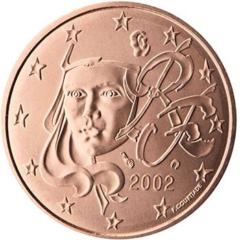 
5 центов 2002 года, Франция. Изображена молодая Марианна (символ Французской республики)