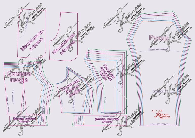 Рисунки лекал деталей платья из ПДФ выкройки