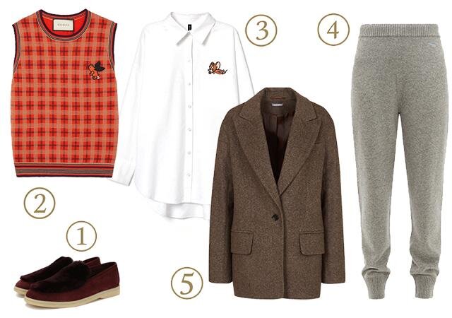 1. Лоферы Loro Piana, цена по запросу. 2. Жилет Gucci, 61 100 руб. 3. Рубашка H&M, 1899 руб. 4. Брюки Prada, 64 030 руб. 5. Жакет 12Storeez, 13 980 руб. WMJ.ru

