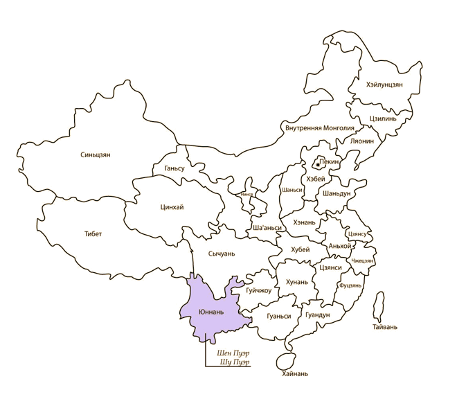 Карта произрастания чая пуэр