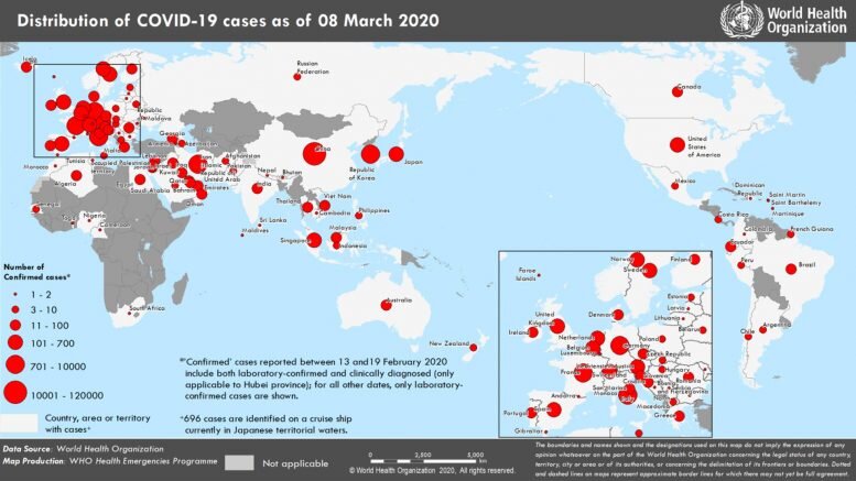 карта распространения коронавируса COVID-19 по состоянию на 8 марта 2020 г. 
