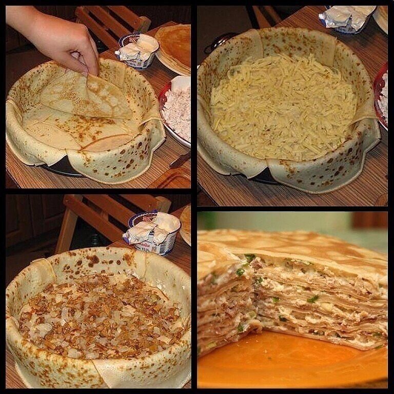 Пирог из блинов с курицей и грибами