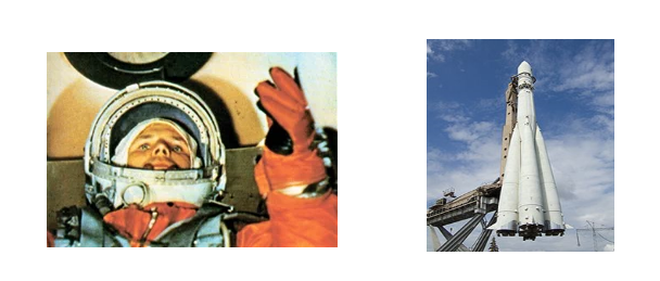 Юрий Гагарин перед стартом (Википедия)                       Копия ракеты «Восток» Википедия)