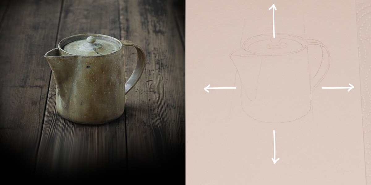 Определите правильное расположение предмета. По центру листа с чуть большим отступом снизу, чтобы не было ощущения «падающей» композиции.