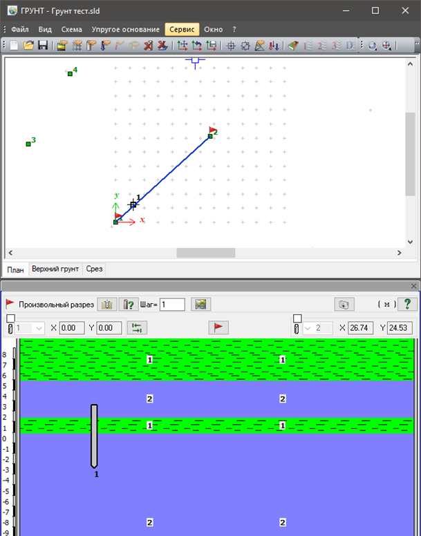 Скриншот окна Системы ГРУНТ с изображением инженерно-геологического разреза с посадкой сваи