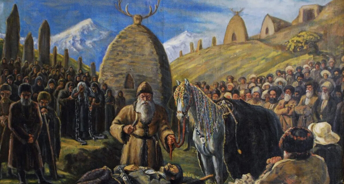 Картина Махарбека Туганов. Посвящение коня покойнику. 1948 год