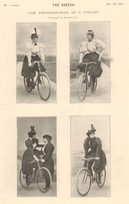 Страница из ноябрьского номера журнала «The Sketch» за 1896 год с фотографиями французских женщин-велосипедисток - из коллекции Веломузея Андрея Мятиева. 