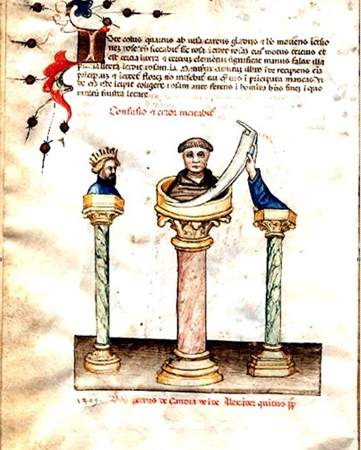 (23) Τρεις κίονες, η πρώτη με το κεφάλι ενός βασιλιά, η κεντρική με το κεφάλι (ο Πάπας;) και η τελευταία με ένα δρεπάνι στο χέρι