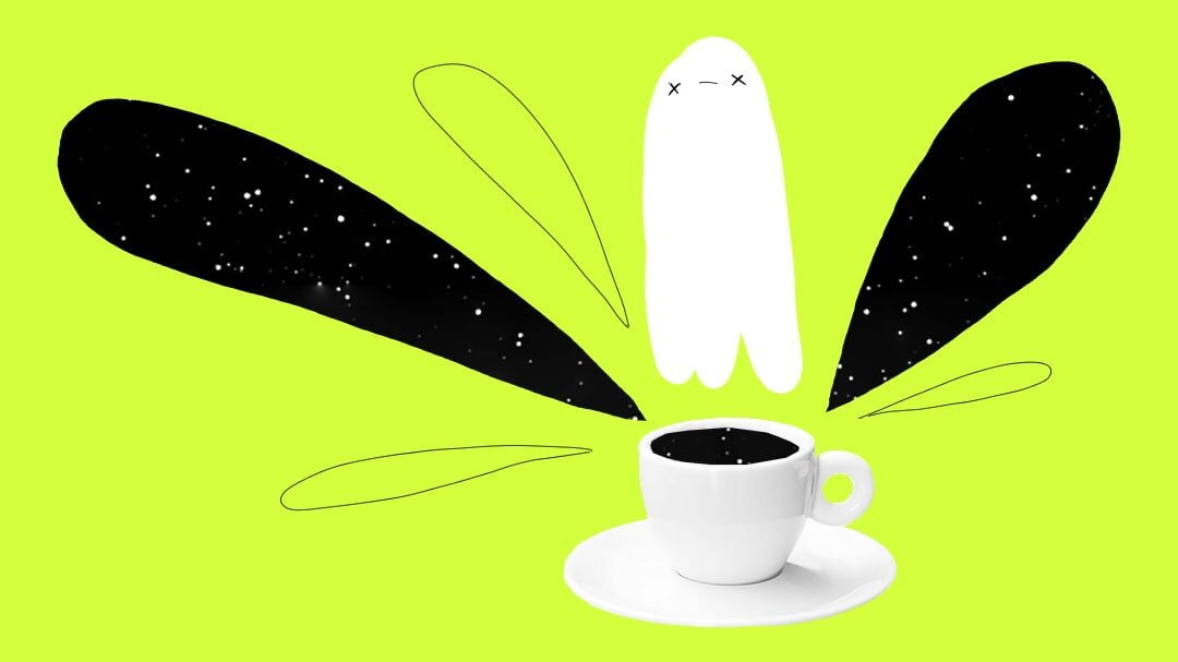 Иллюстрация:  разлитый кофе на ковролине похожий на звездное небо, 
стакан кофе со звездами внутри. 
2022 г.