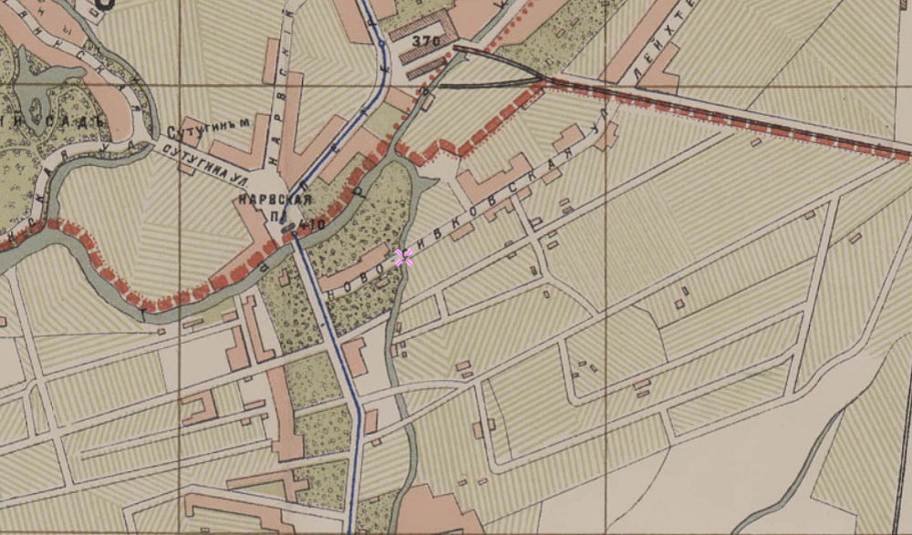 Новосивковская улица на плане 1894 года. Возле современного дома № 7 ее пересекала речка Ольховка – приток Таракановки (Источник: etomesto.ru).