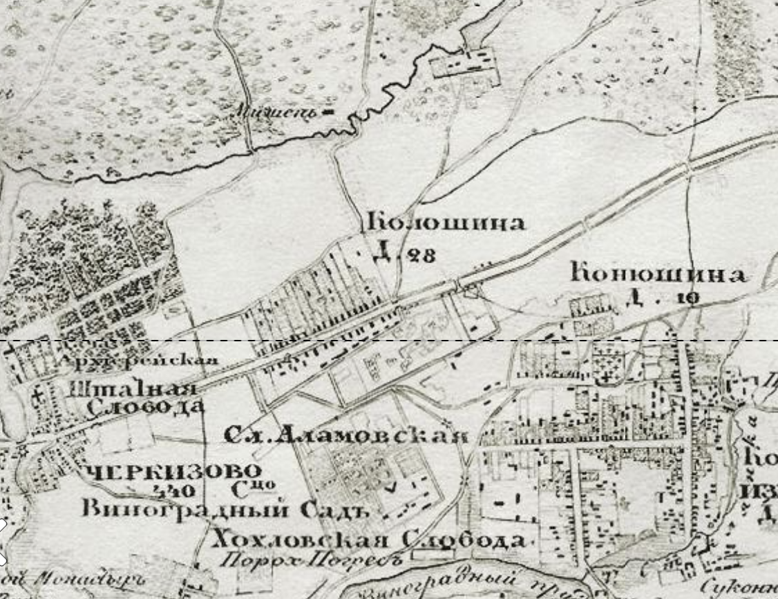 Деревня Калошино (много где встречается написание Колошино) на карте Московской губернии 1878 года. С сайта www.retromap.ru.