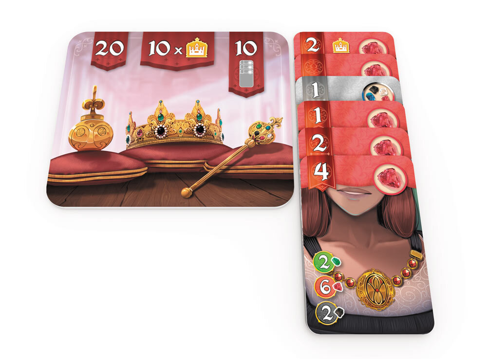 Вот на такой памятке указаны три способа победы: 20 очков, 10 корон или же 10 очков на картах одного цвета.