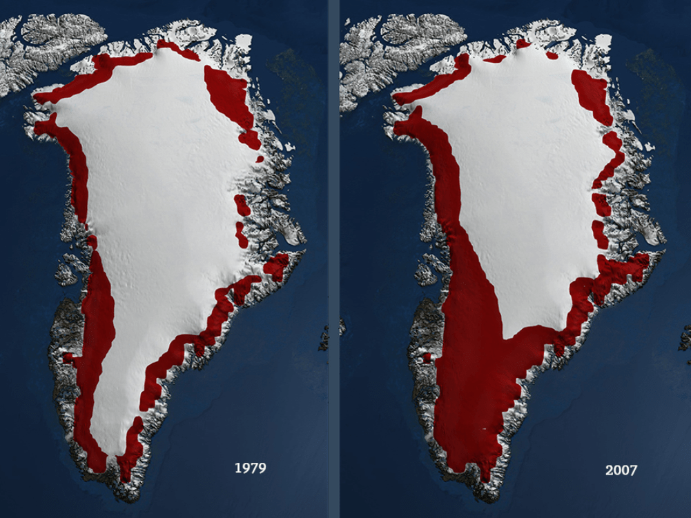 Карта ледников Гренландии: 1979 и 2007 годы
