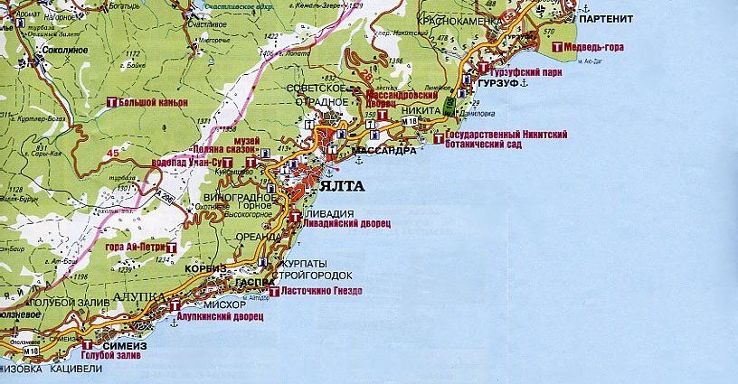 Расстояние партенит. Никитский Ботанический сад на карте Крыма. Ливадийский и Воронцовский дворцы на карте.