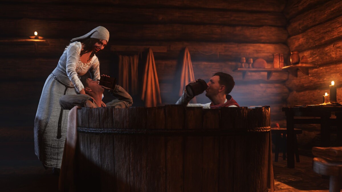 Служанка, Птачек и Индро в купальне. 