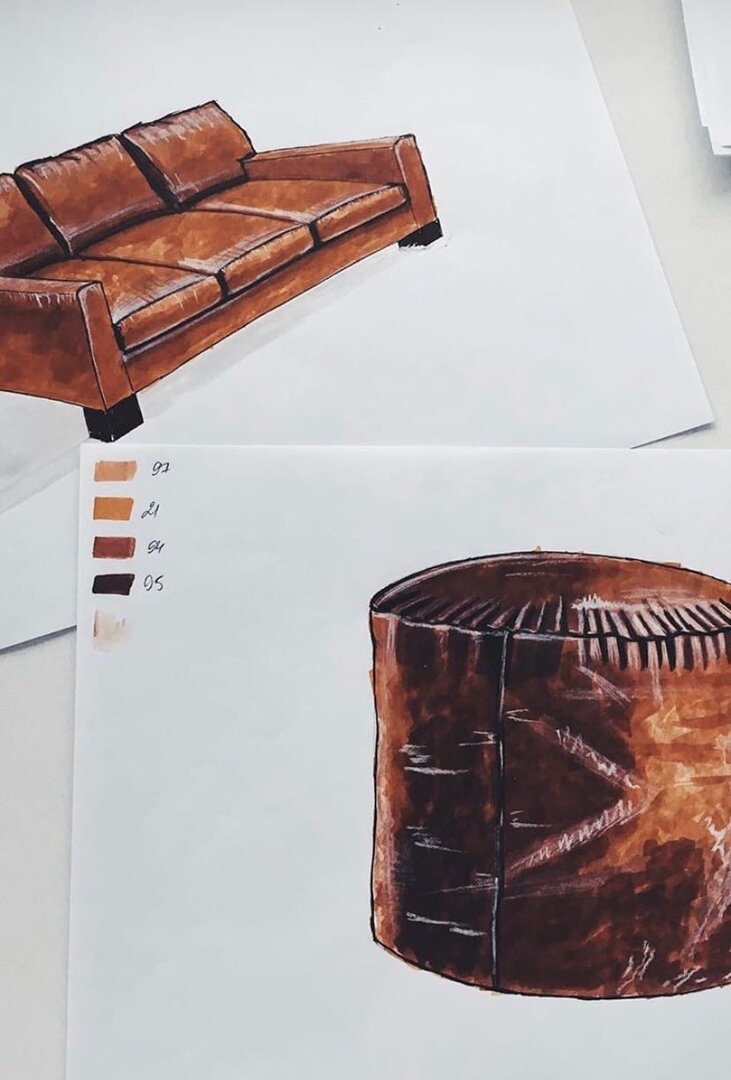 Кожаный диван и пуф