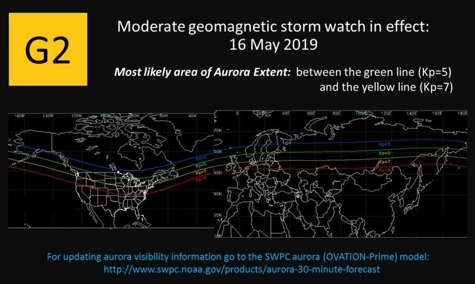 G2 Умеренные часы Storm выпущены. Изображение предоставлено: NOAA / SWPC.