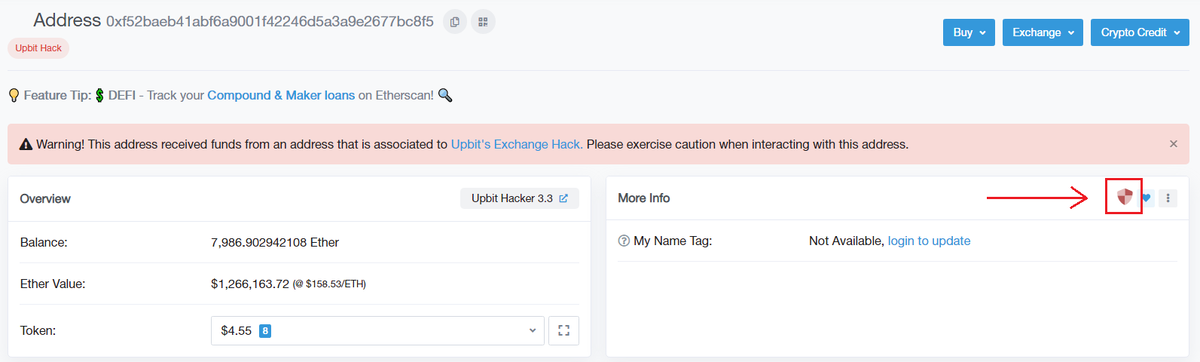 Баннер, с предупреждением о том, что адрес скомпрометирован. Источник: Etherscan