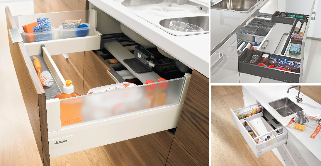 Ящик, встроенный под мойку. В нем удобно хранить принадлежности для мытья посуды.