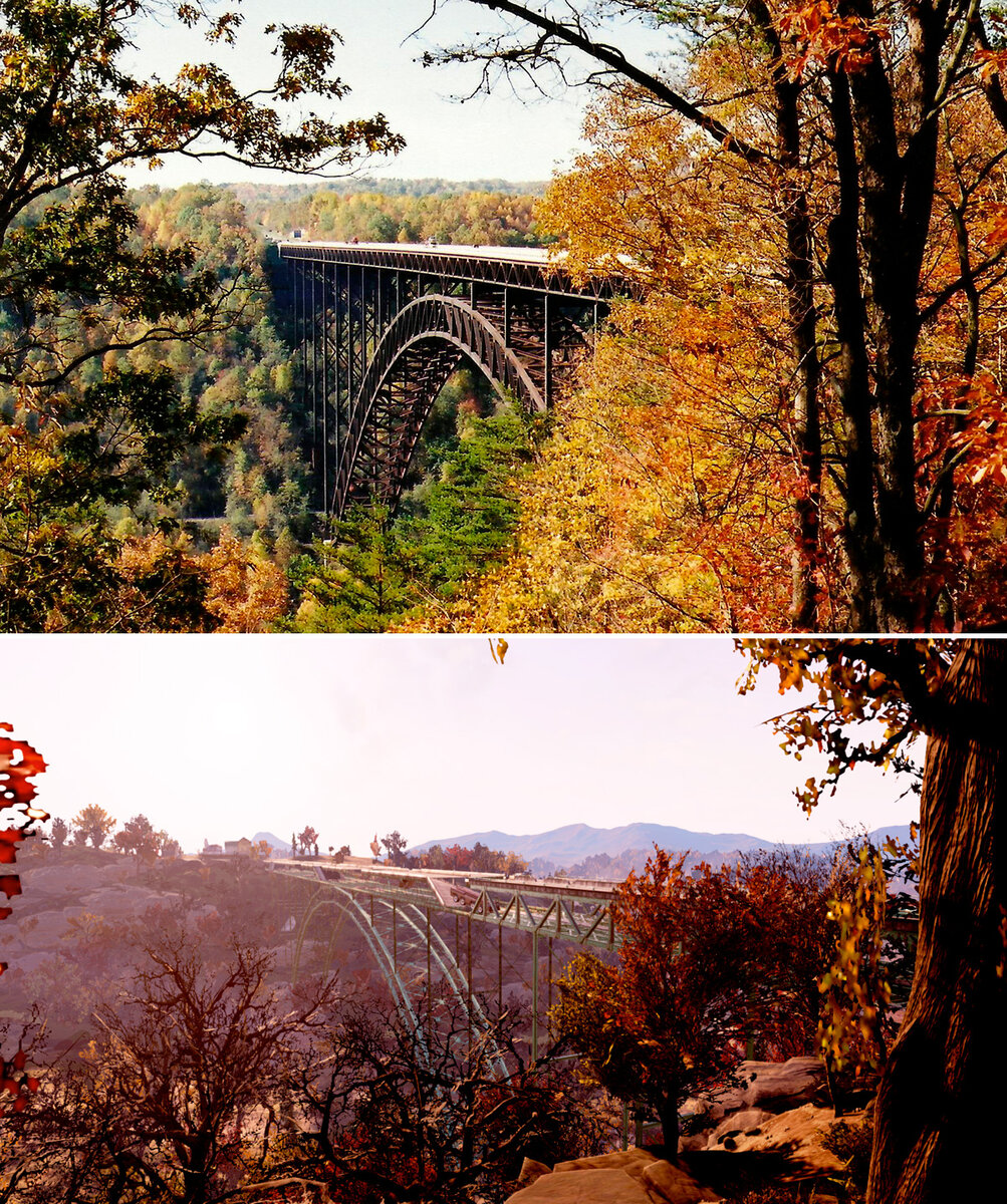 Реальный мост Нью-ривер и локация "Мост через ушелье Нью-ривер восточная часть" из игры Fallout 76