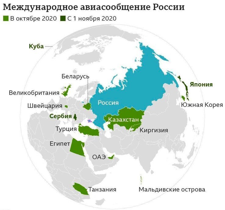 Карта открытых из России направлений