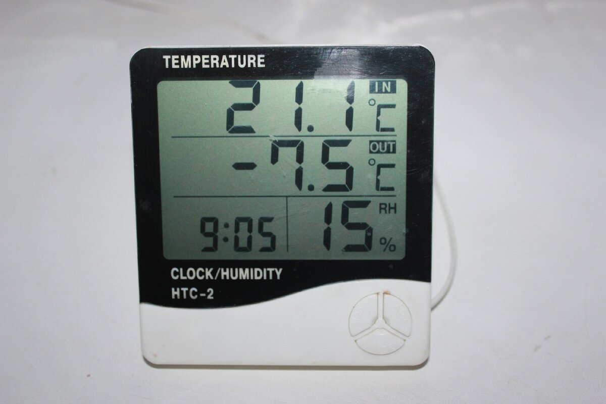 Показания текущих параметров температуры внутри, снаружи помещения, влажности внутри помещения и текущего времени. 