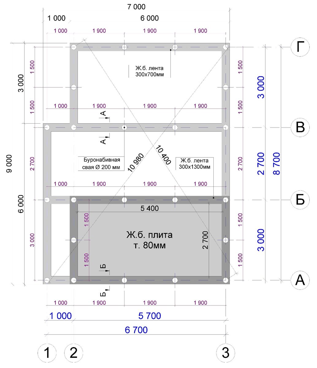 Схема расположения ж.б. лент ростверка и буронабивных свай >>