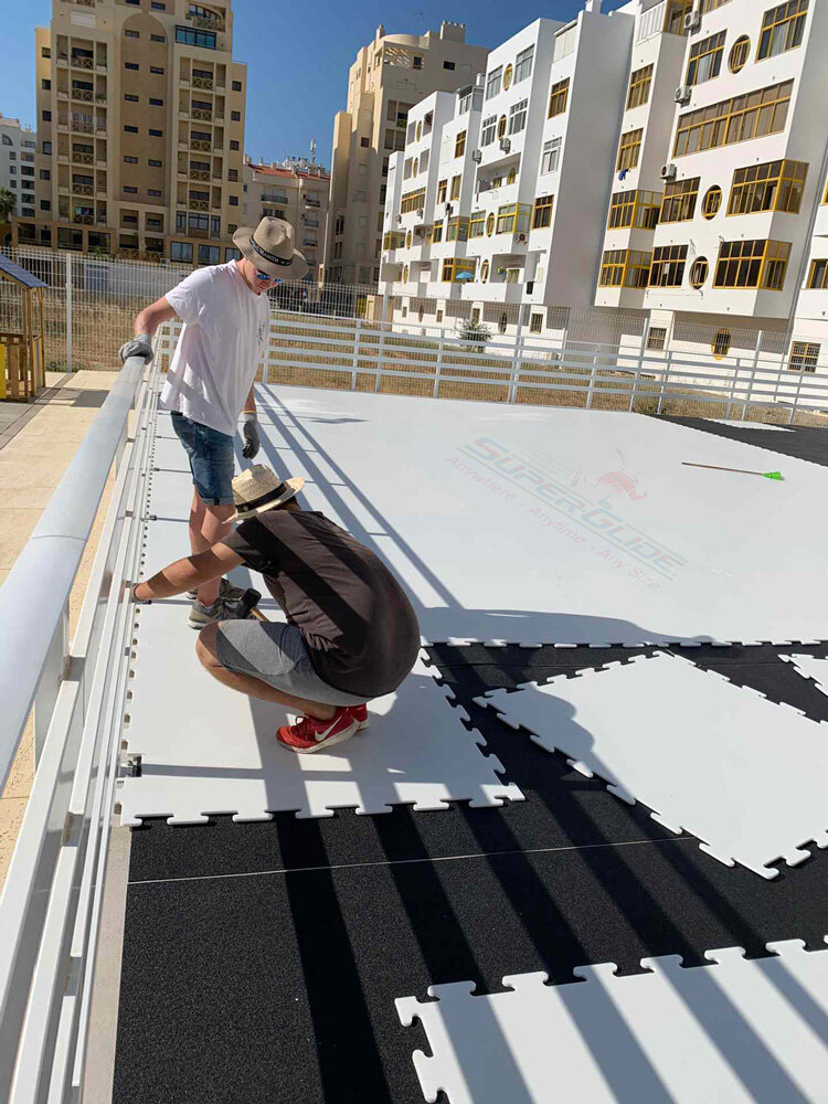 Outdoor all-year-round community ice rink with Super-Glide SLICK synthetic ice in Algarve, Portugal successfully operating since spring 2020.