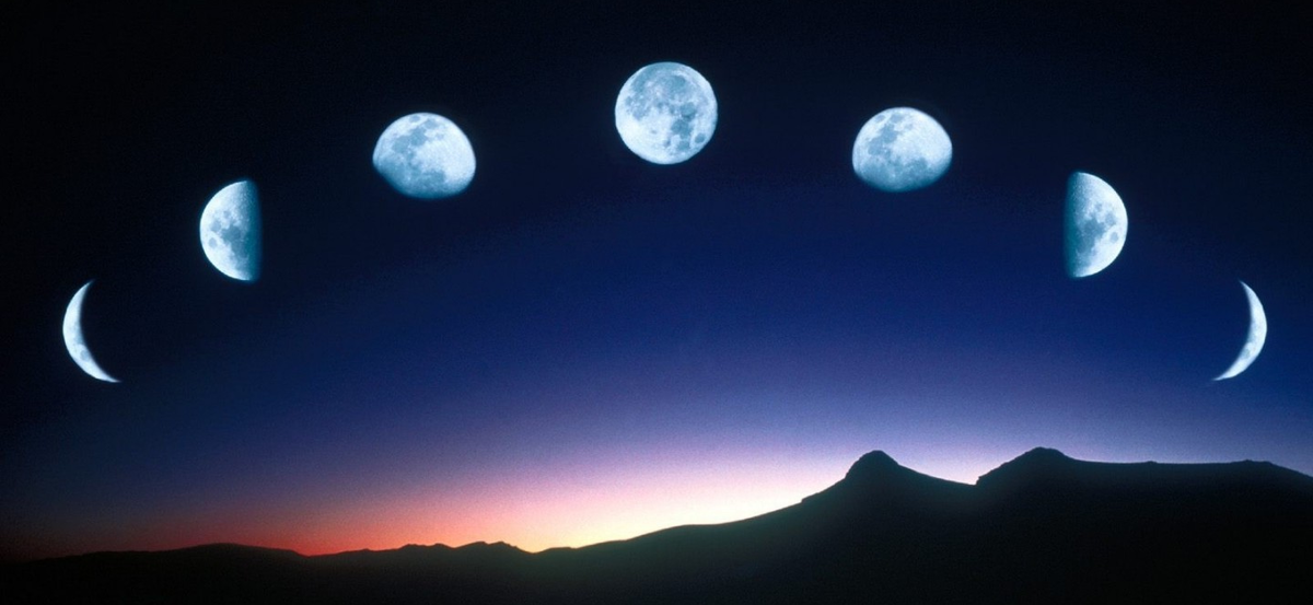 Фазы луны :убывающая луна, новолуние, полнолуние, растущая луна.