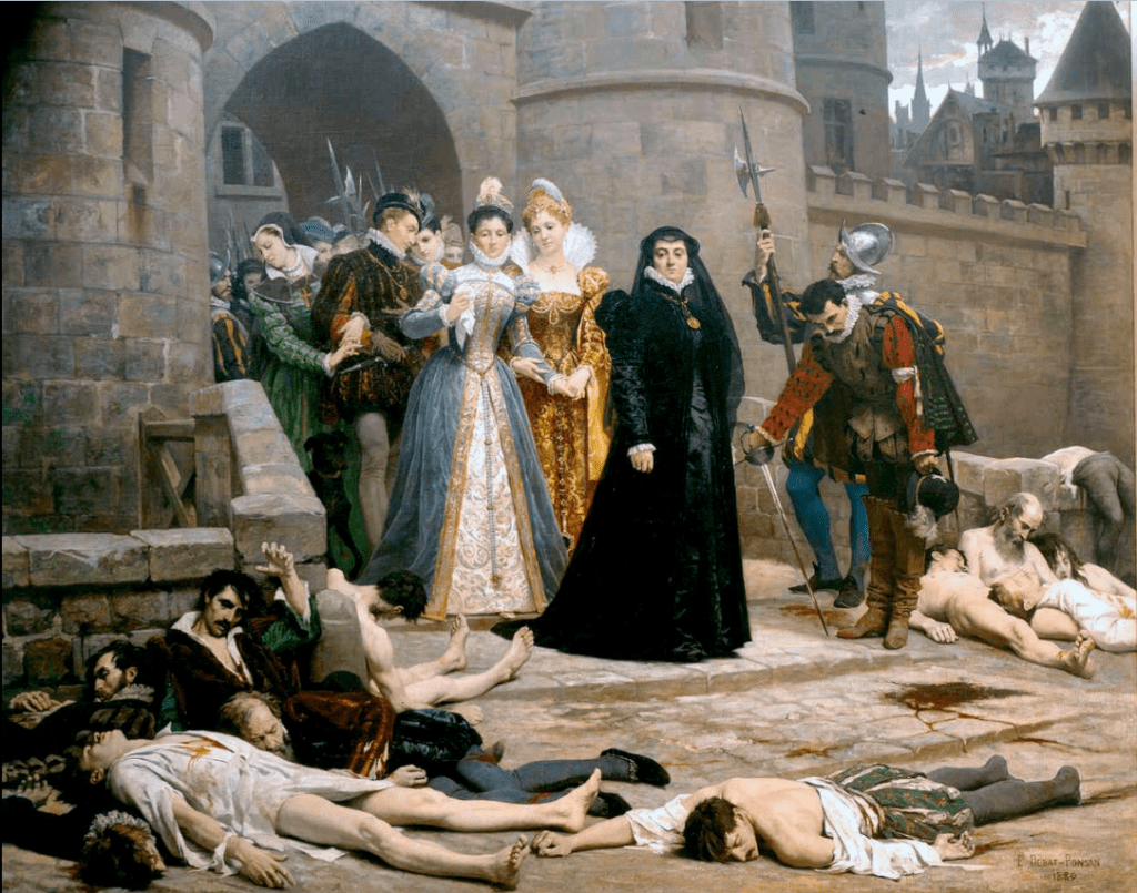 Эдуар Деба-Понсан. Утро у ворот Лувра. 1880. Клермон-Ферран. Франция. Коллекция Музея Роже-Кийо. На картине изображена Екатерина Медичи (в чёрном) в сопровождении свиты, бесстрастно разглядывающая тела жертв массового убийства гугенотов-протестантов на следующее утро после Варфоломеевской ночи. 