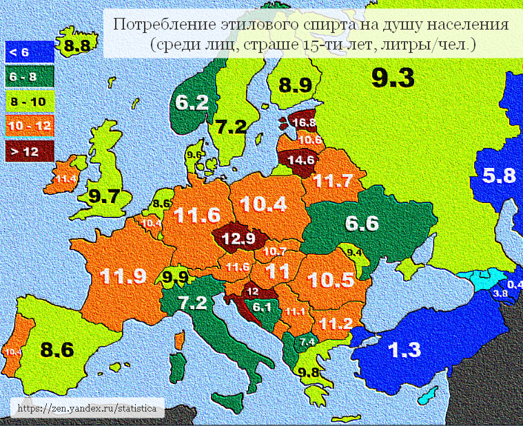 Среднее  потребление алкоголя на душу населения в Европе за последние 5 лет.