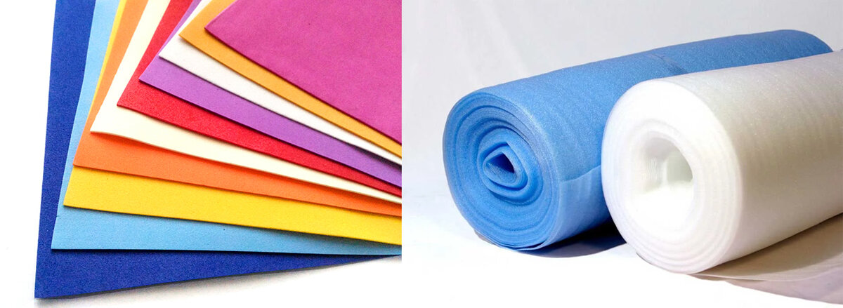 Слева - листы фоамирана, справа - подложка под ламинат в рулонах