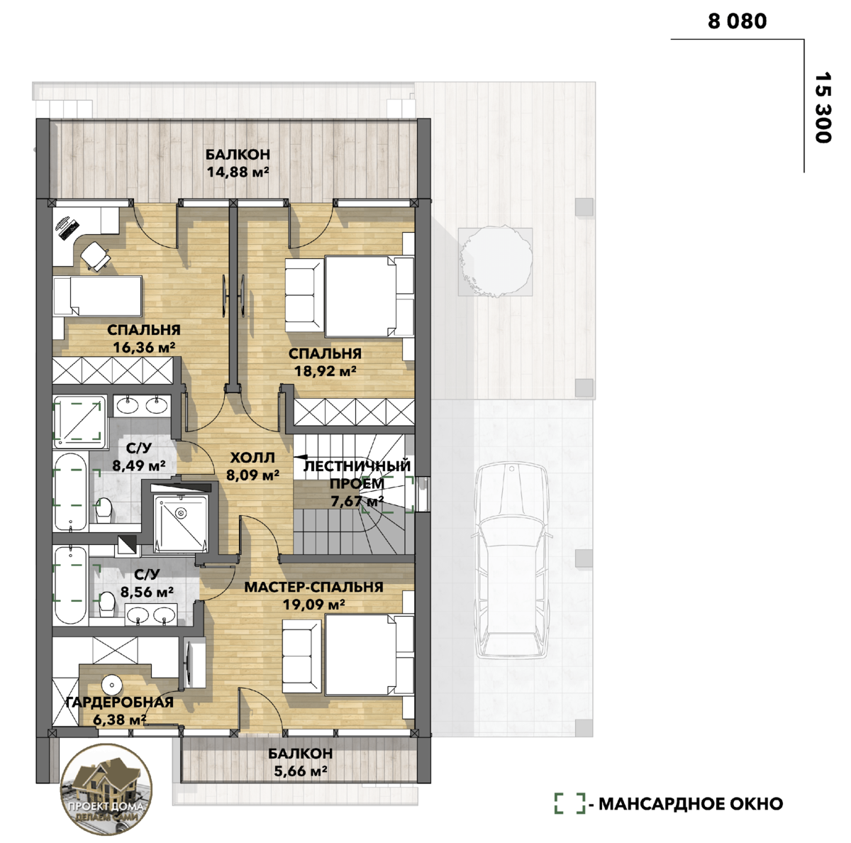 План второго этажа. Источник изображения: канал "Проектируем дом САМИ" (zen.yandex.ru/proektdoma), Яндекс Дзен.