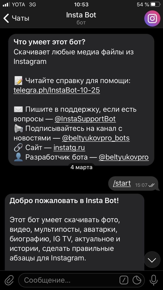Так выглядит первые сообщения в диалоге с ботом.