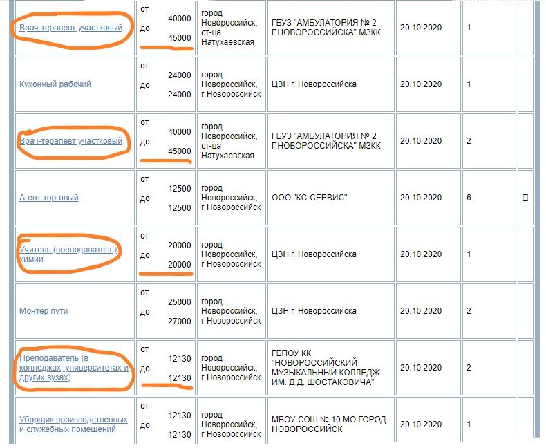 Просто открыл поиск вакансий на официальном сайте центра занятности по горду Новороссийску и на первой же странице были вот такие вакансии.