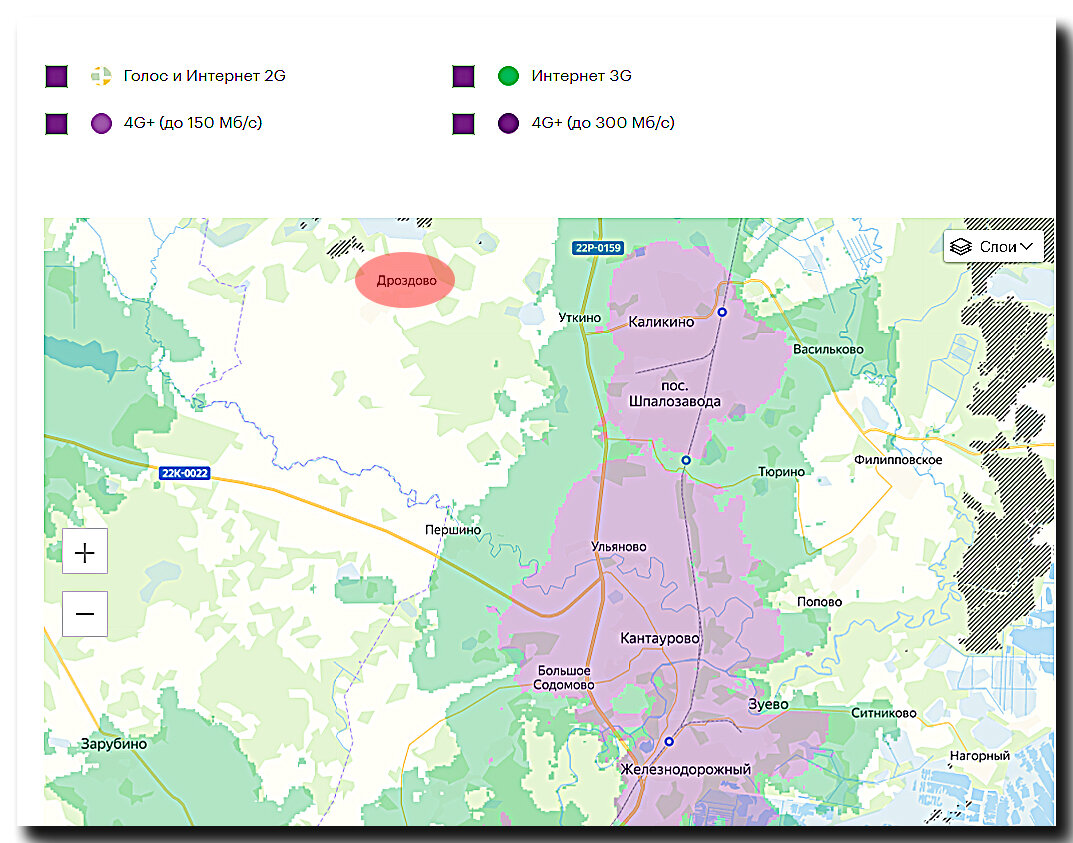 В населённом пункте в красном кружке связь никакая. Скриншот зоны покрытия взят с официального сайта Мегафон.