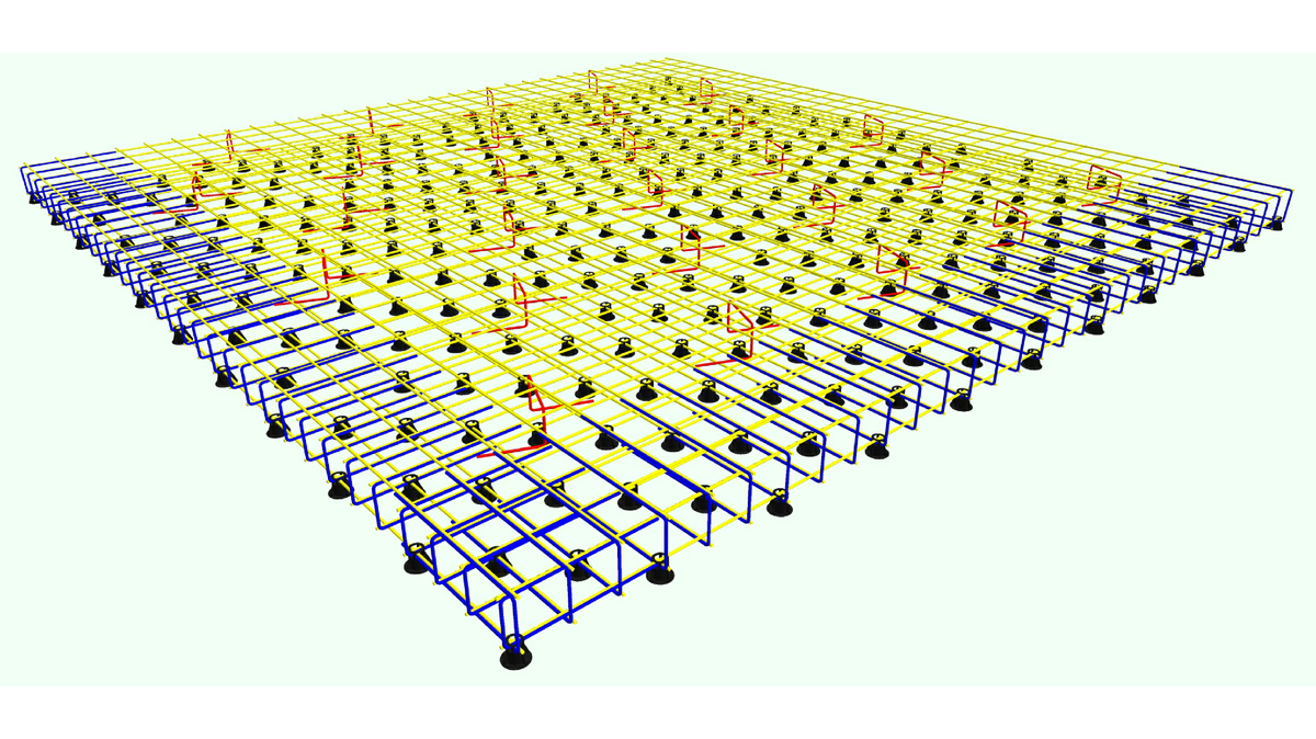 Арматурный каркас плиты: жёлтый - арматурные стержни; красный - хомуты-лягушки; синий - П-образные хомуты; чёрный - пластиковые стойки-фиксаторы.