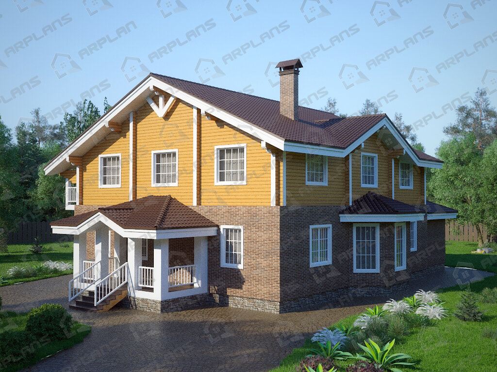 Фото 1 комбинированного дома из газобетона и бруса с мансардой, 4 спальнями, кабинетом, балконом, эркером, террасой и газовой котельной. Общая площадь 352 кв м. Источник arplans.ru Проект А-013