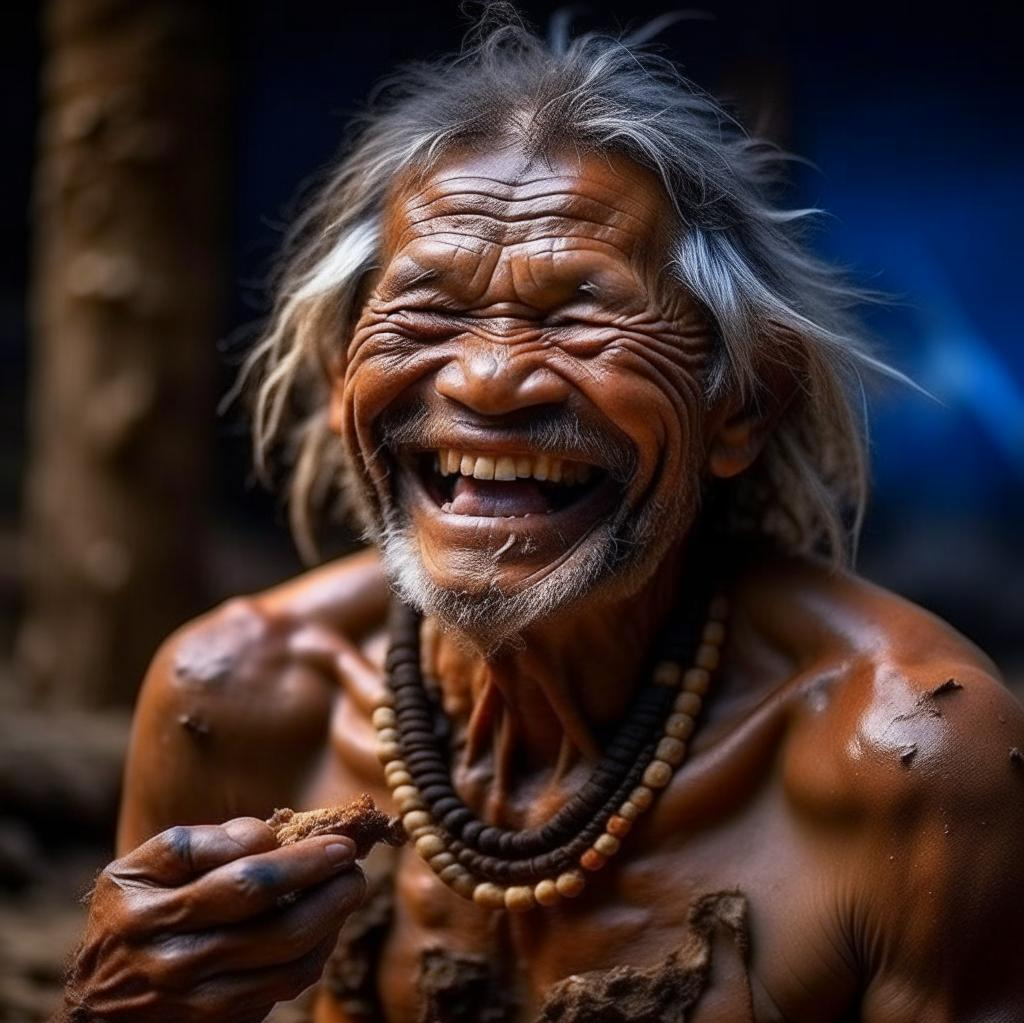 Первобытный человек получает удовольствие от приема пищи. Изображение сгенерировано нейросетью Kandinsky 2.2 по текстовому описанию авторов статьи