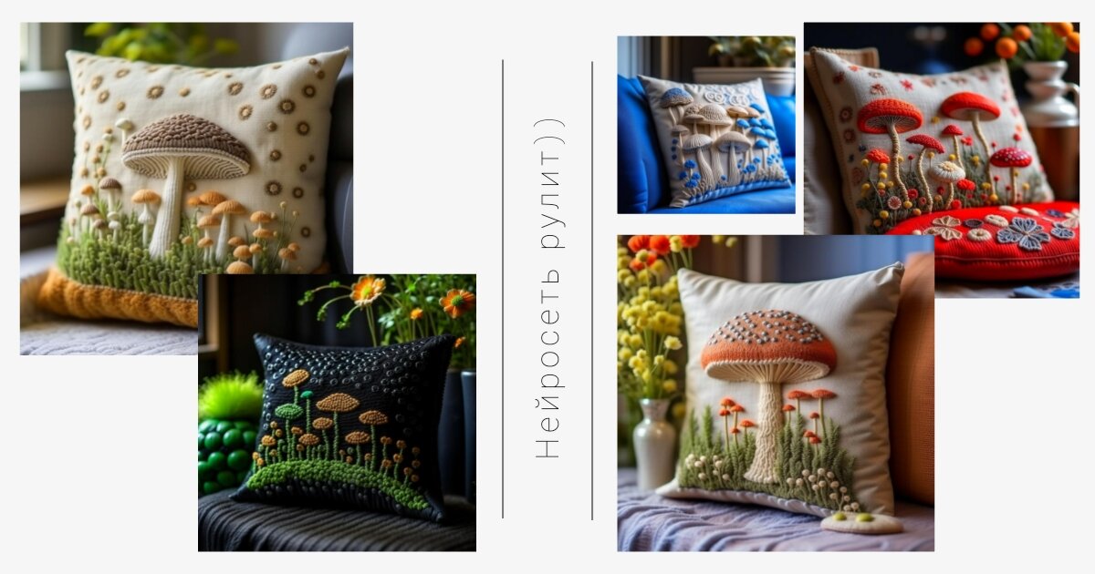 Коллаж изображений подушек от ИИ, которые я изучала, пытаясь понять технику исполнения 