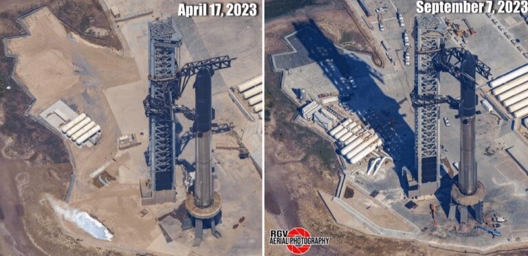 Стартовая площадка «Звездной базы» SpaceX перед первым и вторым испытательными полетами Starship