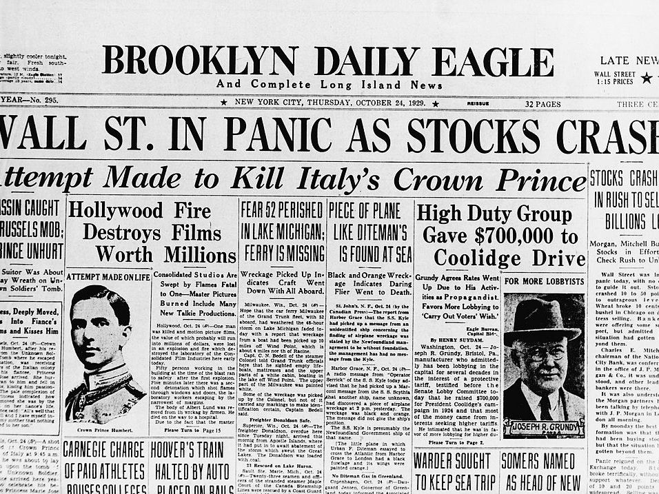 Чёрный четверг на фондовом рынке США 24 октября 1929 года в газете Brooklyn Daily Eagle. За ним последовали чёрная пятница (25 октября), Чёрный понедельник (28 октября) и Чёрный вторник (29 октября), положившие начало Великой депрессии.