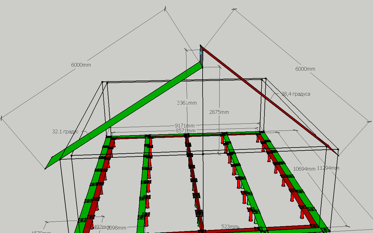 Тот же лист профнастила 6 метров. С теми же свесами 0,5 м в плане. Опускаем угол кровли от 38,4, до 32,1 градуса