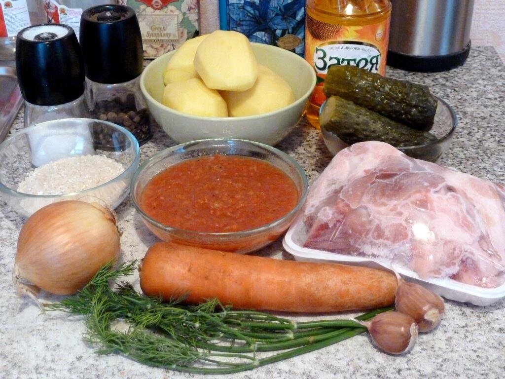 Рассольник со свининой и рисом